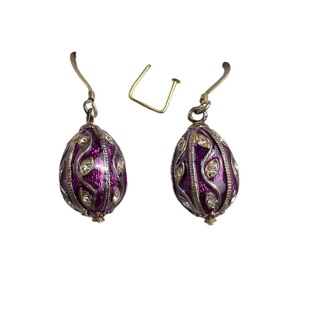 Earring’s National Geographic Oval Shaped Purple Clear Stone Gold Tone Fish Hook - Picture 2 of 5